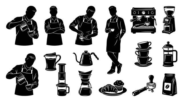 Black  White Silhouette Vector of Baristas Making Coffee and Coffee Equipment