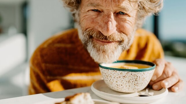 A cheerful older man with curly hair and a beard savors a warm cup of coffee, radiating warmth and joy in a bright and cozy setting, perfect for capturing happiness and connection.