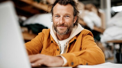 Obraz premium A smiling man with rugged features works on his laptop, showcasing a blend of casual style and a friendly atmosphere in a well-organized workspace filled with supplies.