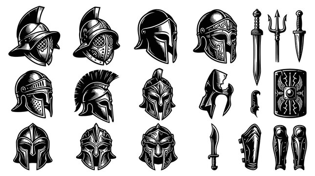 Ancient Warrior Helmets and Weapons Vector Illustration Set. Gladiator, Spartan, Roman Armor Line Art.