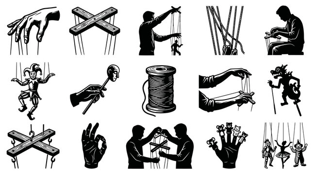 Black and White Line Art Illustrations of Puppets and Marionette Control