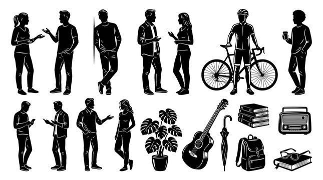 Black and White Silhouettes of People, Bicycle, Guitar, Books, Plant, Radio, Umbrella, Backpack