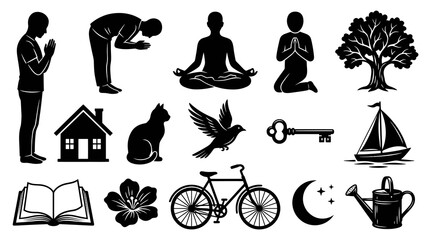 Obraz premium Black White Glyph Icons: Spiritual, Nature, Home, and Lifestyle Symbols
