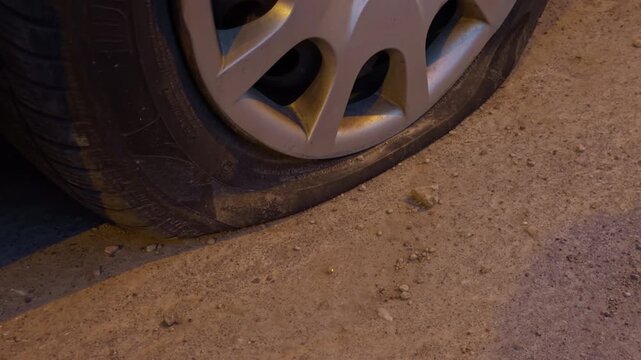 Tire puncture and rim scratch caused by inadequate illumination conditions. Wheel damage including puncture and gouge resulting from insufficient visibility during night hours