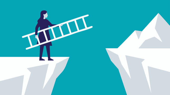 Woman holding ladder to bridge a gap between two cliffs, symbol of problem-solving