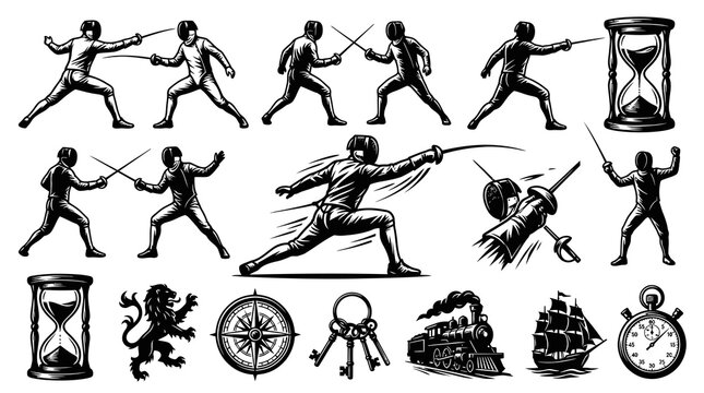 Black and White Line Art Fencing, Ship, Train, Hourglass, Lion, Compass, Keys, Stopwatch Icons