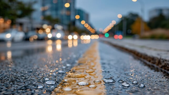 A close-up view of a wet road, showcasing reflections and blurred city lights, creating a moody and atmospheric urban scene that captures the essence of a rainy day.
