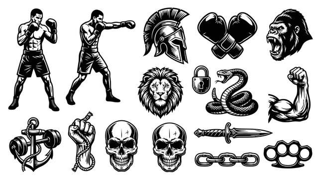 Black and White Boxing, Skull, Lion, Gorilla, Snake, Spartan Helmet, Anchor, Knife Vector Icons