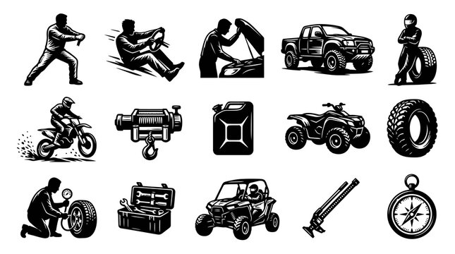 Black  White Vector Icons: Automotive Repair, Vehicles, Tools, and Outdoor Adventure