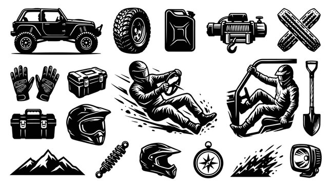 Black and White Vector Icon Set for Off-Road Vehicles and Accessories