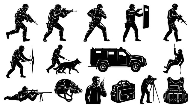 Black and White Vector Icons: SWAT Team, Security, Military, Armored Car, Dog, Gear