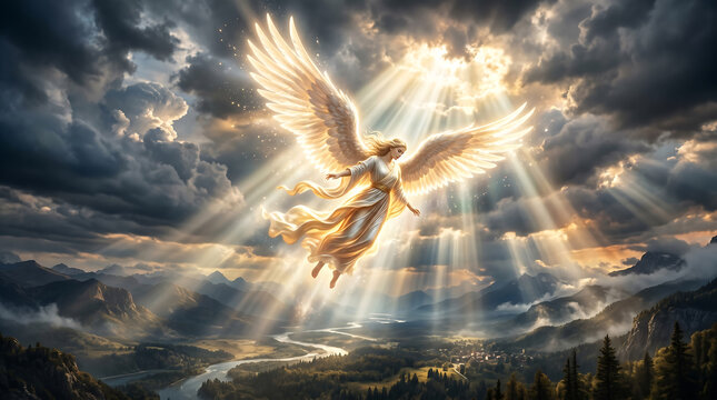 angel flying in sky with sun rays and clouds