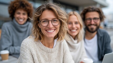 Obraz premium A cheerful group of four friends smiles at the camera, showcasing the warmth of companionship in an outdoor café setting, emphasizing connection and joy.