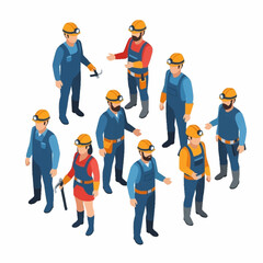 Group of Miners Standing Together Wearing Helmets and Work Clothes. © Dion