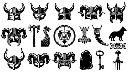 Obraz premium Viking Norse Mythology Black White Line Art Icons Set with Helmets, Weapons, and Cultural Symbols