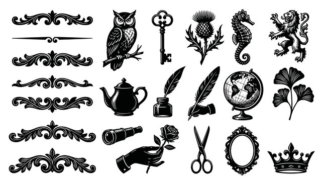 Vintage Engraving Design Elements Set: Retro Icons, Flourishes, Historical Symbols  Classic Illustrations