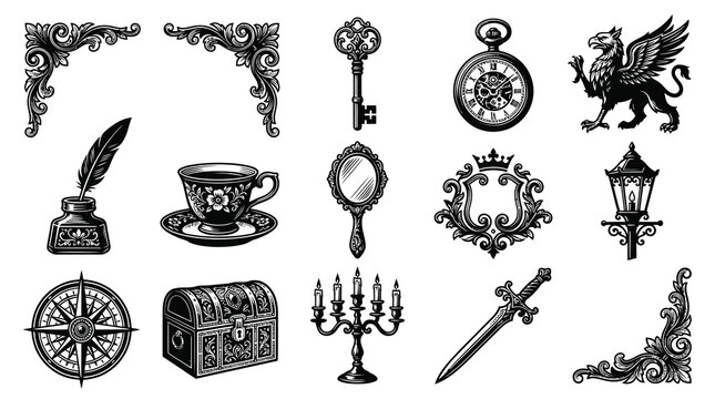 Vintage Engraving Style Black  White Line Art Set of Antique Fantasy Decorative Ornaments and Elements