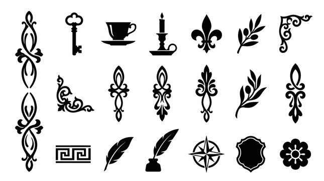 Antique Style Black and White Ornaments and Icons Vector Set for Decoration  Graphic Design Projects