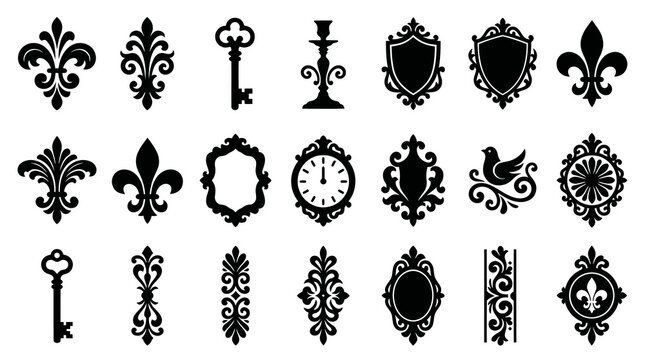 Vintage Decorative Design Elements Glyphs: Heraldry, Fleur-de-lis, Keys  Ornate Silhouettes