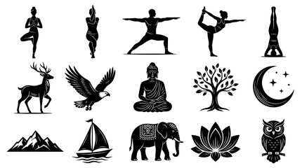 Fototapeta premium Yoga, Buddha, Animals Nature Vector Icons Black White Set