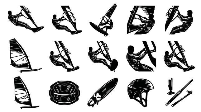 Black and White Windsurfing Silhouettes: Action Sports Icons, Equipment and Gear