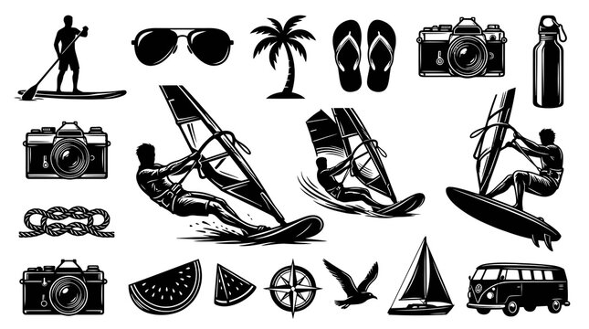 Black and White Vector Icons of Summer Beach Activities and Travel