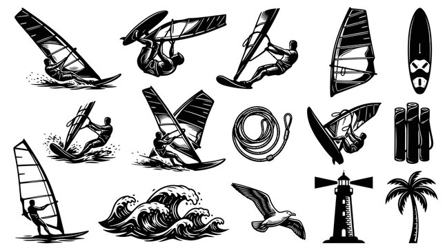 Vintage Black and White Windsurfing and Ocean Elements Vector Illustration Set for Water Sports and Summer Recreation