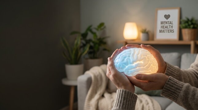 Person holding glowing brain model in living room with plants
