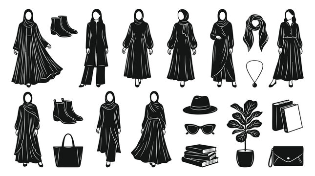 Black and White Fashion Illustrations of Islamic Women's Clothing and Accessories