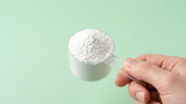 Hand holding measuring scoop filled with white creatine monohydrate powder against soft mint-green background with copy space
Keywords: