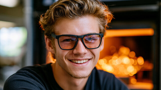 Glassblowing studio apprentice cooling a finished piece in the annealing oven chamber, viewing the glow through dark safety glasses, ideal for glass craft training, artisan apprenticeship, and moder