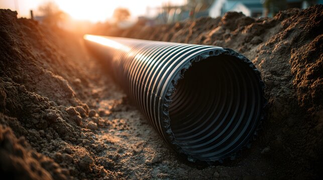 Corrugated drainage pipe installed in construction trench.