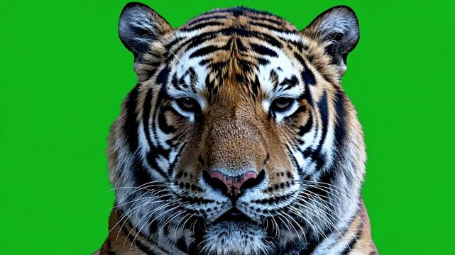 Close-Up of a Majestic Tiger with Striking Fur Patterns Against Green Background