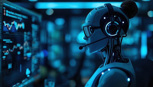Robot wearing headphones and headset analyzing data on futuristic computer screen with graphs and charts concept of artificial intelligence and technology robot head robot body blue light