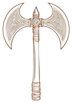 Ornate Double Bladed Battle Axe with Geometric Patterns Hand Drawn Illustration