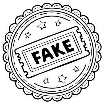 Illustrated stamp with 'FAKE' text inside. Simple doodle style art with star elements.