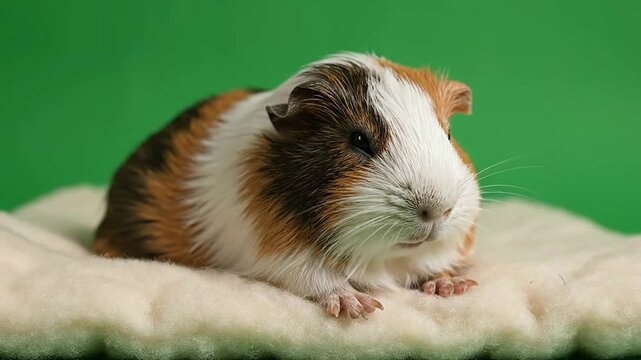 Close-Up of a Resting Guinea Pig on a Soft Blanket Against a Green Screen Background