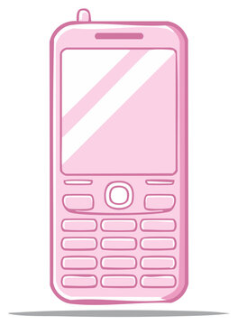 Cute pink retro mobile phone illustration. Old vintage cell phone with a physical keypad and antenna.