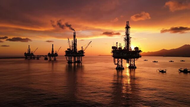 Offshore oil rigs at sunset with vibrant orange and red skies creating a dramatic and powerful scene of industry