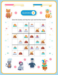 Obraz premium Sudoku puzzle for kids with cute royal cats and food bowls, logic game worksheet.
