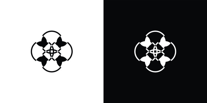 Black and white of stylized human faces with geometric patterns and circular frames abstract face