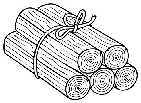 Stack of wooden logs tied together with rope for construction or firewood