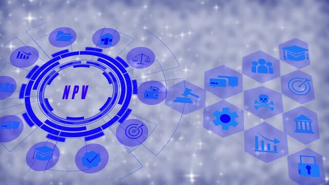 Dynamic net present value npv financial analysis hud interface with interactive hexagonal data and corporate investment strategy metrics for advanced business data