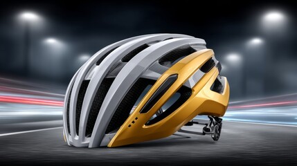 Fototapeta premium Cycling safety gear on display in dynamic urban setting with motion elements