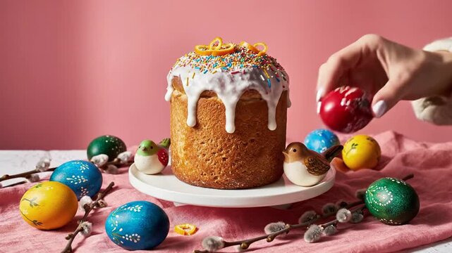 Decorating Easter cake with colorful eggs and spring decorations.