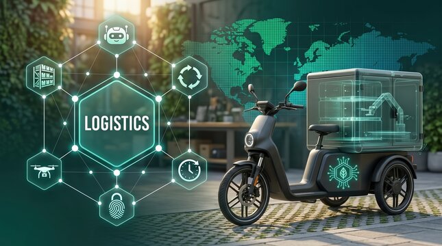 An electric cargo trike with smart storage and glowing network, micro business logistics eco delivery and AI transport system