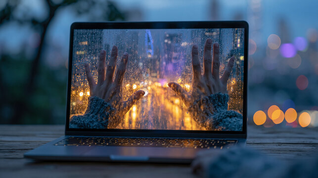 Open laptop showing a video call with two hands pressing against separate screens, rain streaking both windows in different cities, twilight blue hour glow, perfect for long distance relationships, 