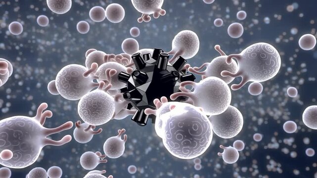 Microscopic View of White Blood Cells Engaging with Geometric Synthetic Pathogen