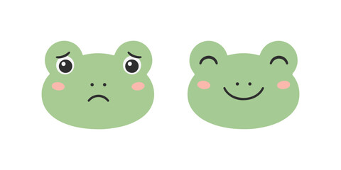 Fototapeta premium Cute frog faces set with sad and happy emotions, kawaii cartoon characters, simple flat illustration isolated on white background