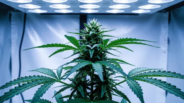 Cannabis Plant in a Grow Tent Growing Under LED Grow Lights for Home Cultivation of Marijuana Buds